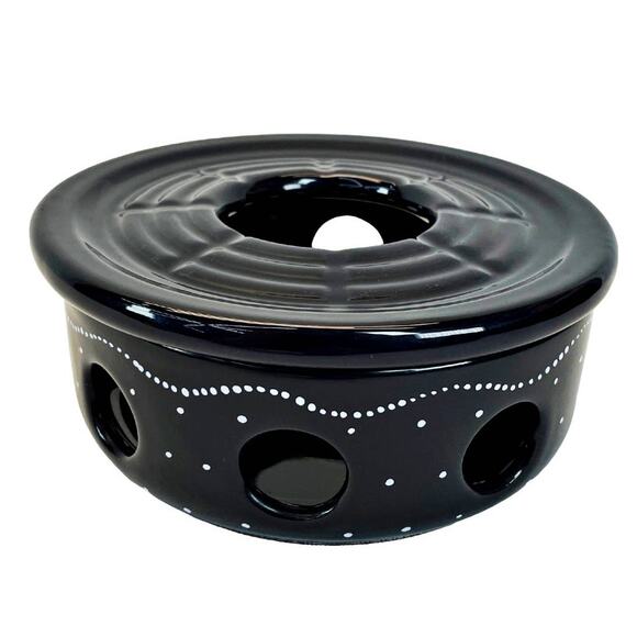 French Rustic Alsace Soufflenheim 8.5 Tea Pot & Warmer Black Polka Dot Pottery - Picture 4 of 6